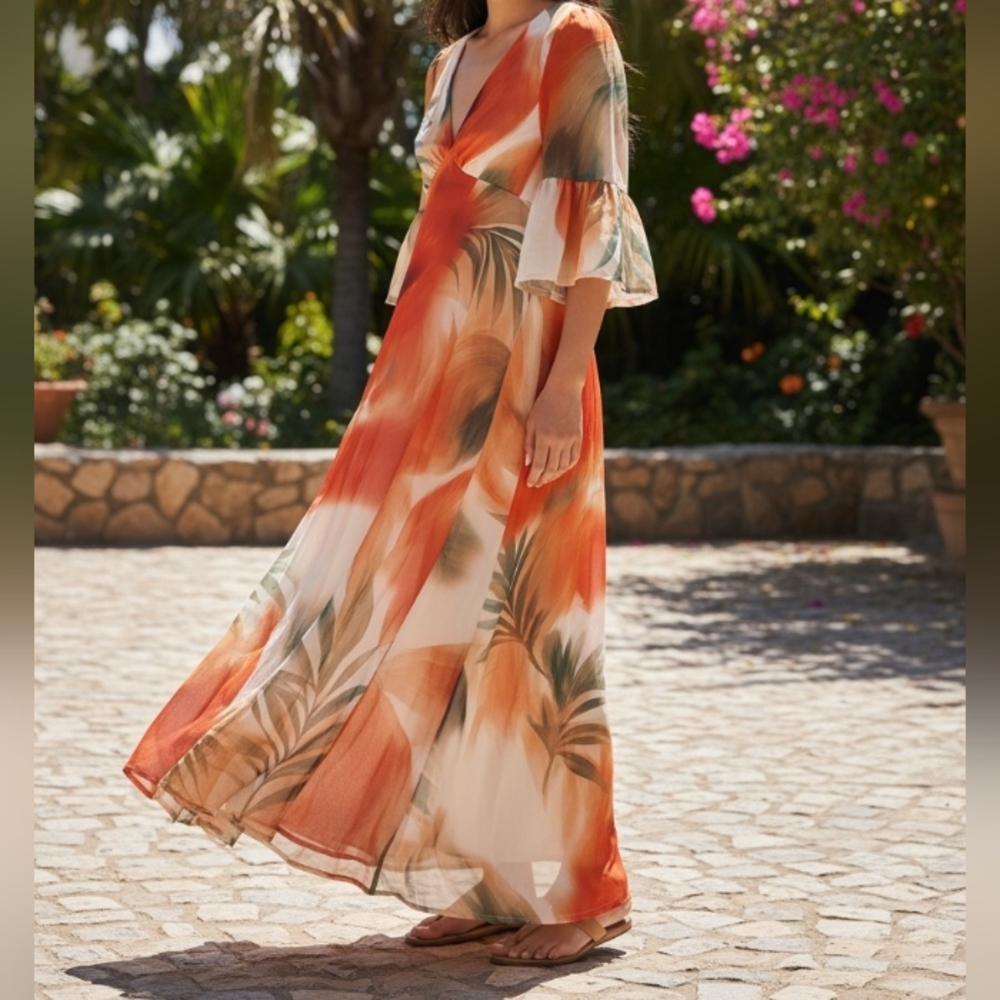 Flowy Orange and Cream Maxi Dress Size Small